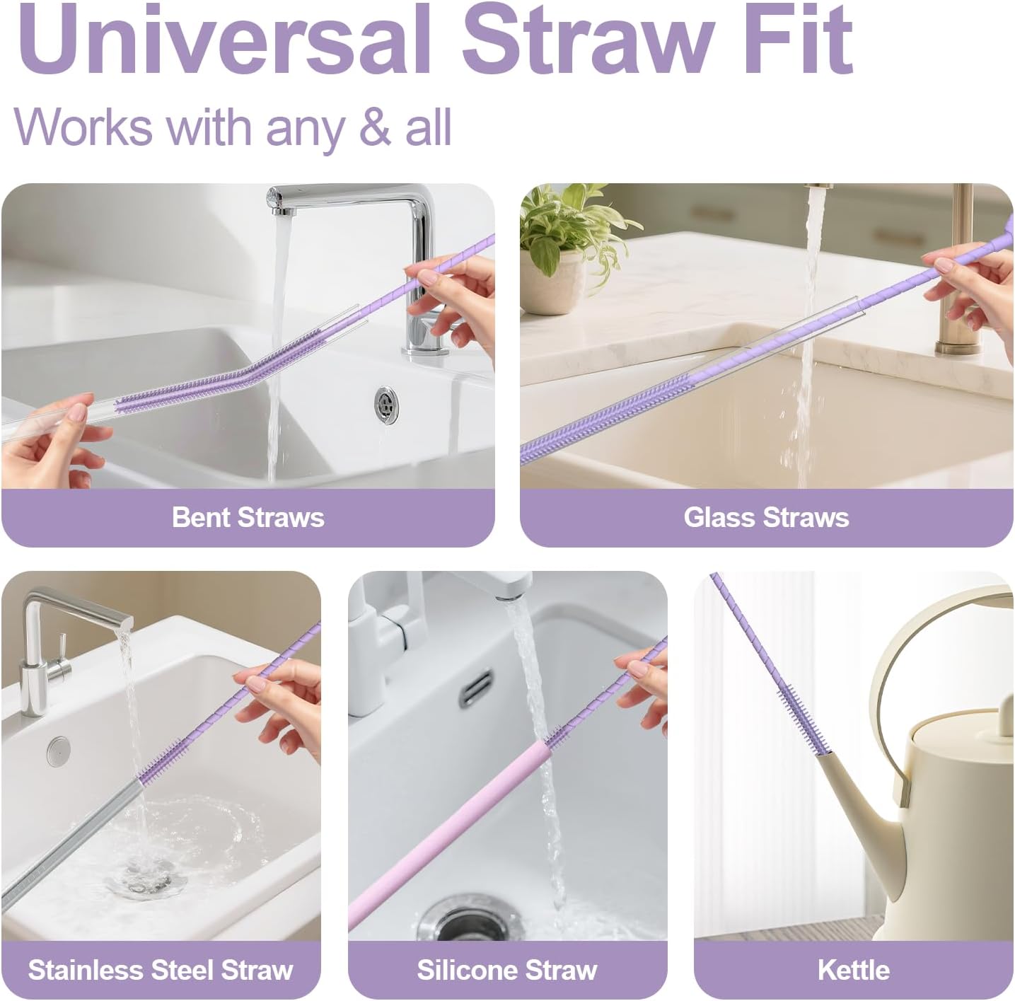 YOTIME Silicone Straw Cleaner Brush, 2 Pcs Reusable Straw Brush(6mm+9mm) for Cleaning Narrow & Wide Straws, Tumblers, Purple