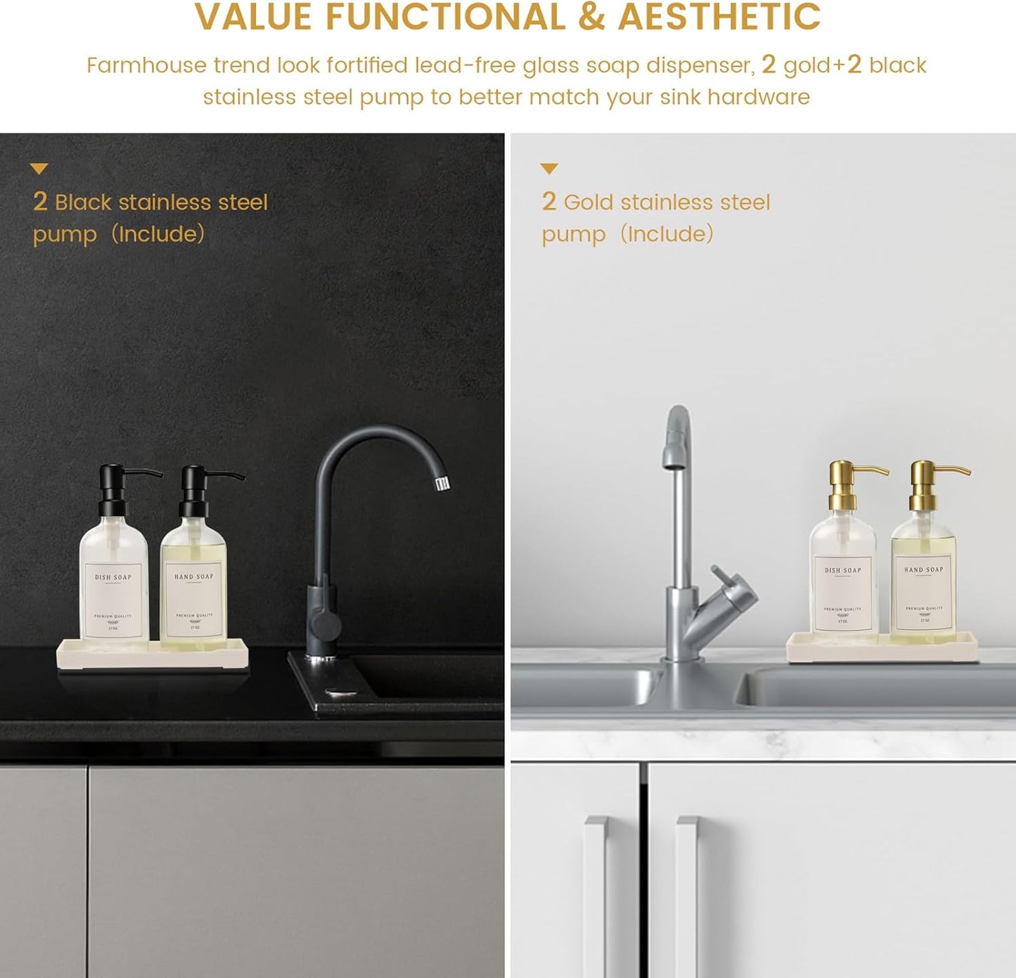 Glass Soap Dispenser for Kitchen Sink,Farmhouse Dish Soap Dispenser&Hand Soap Dispenser Set,Rustproof Pump Lotion Dispenser Bathroom with Tray,Waterproof Label for Kitchen Decor(Clear