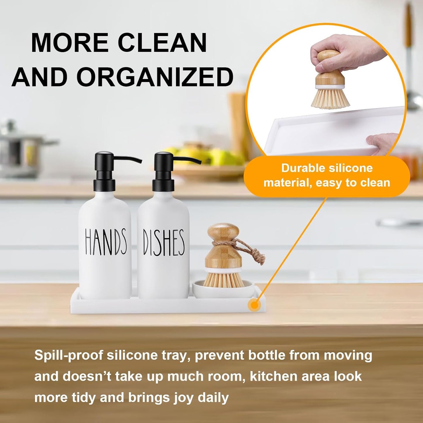 Glass Soap Dispenser for Kitchen, Farmhouse Dish Hand Soap Dispenser Set, Rustproof Pump Dispenser Set with Tray and Dish Brush, Kitchen Decor（White）