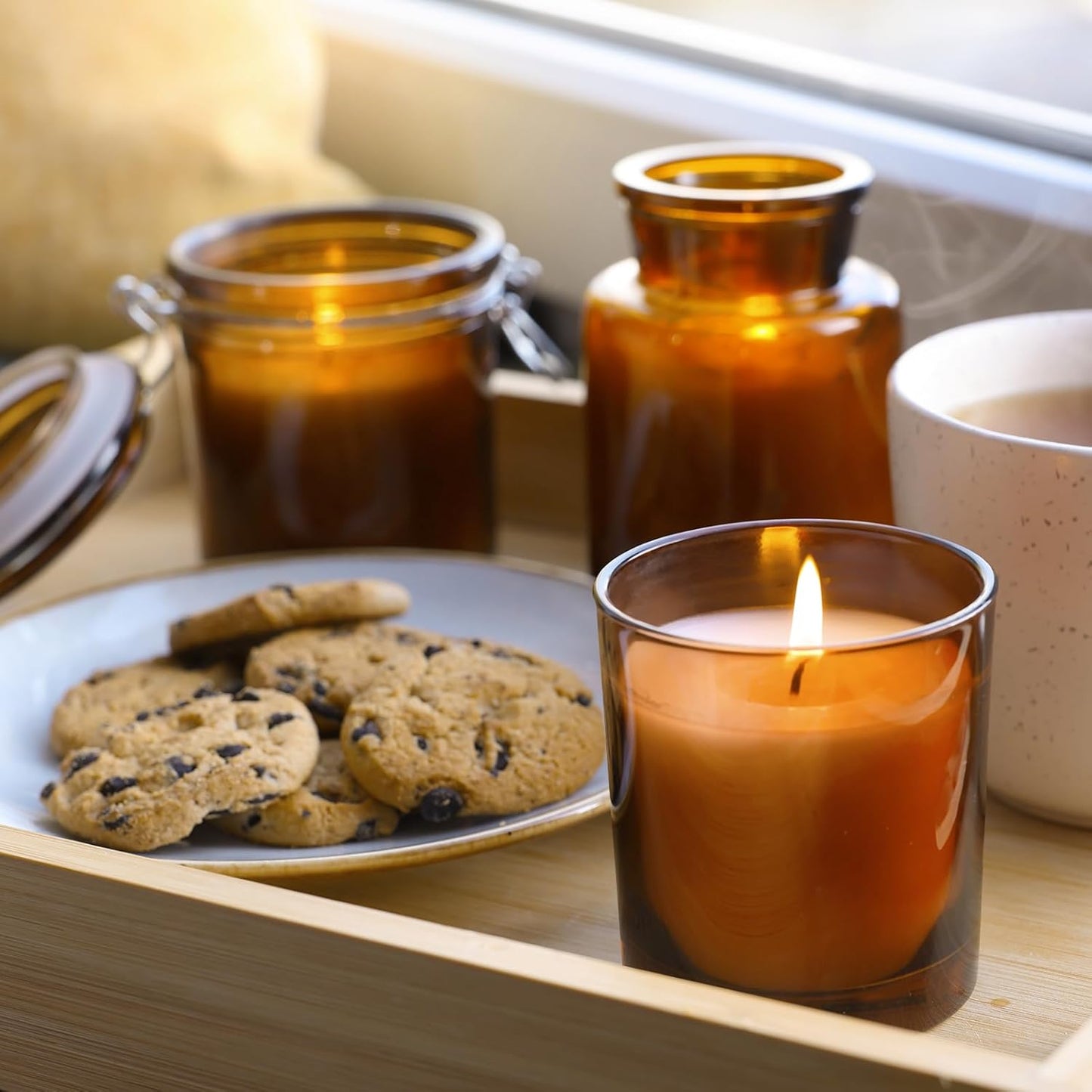 14 OZ Thick Candle Jars for Making Candles 12 Pcs, 3 Wick Empty Jars with Wood Lids for Candle Making, Sample Container,Clear Brown