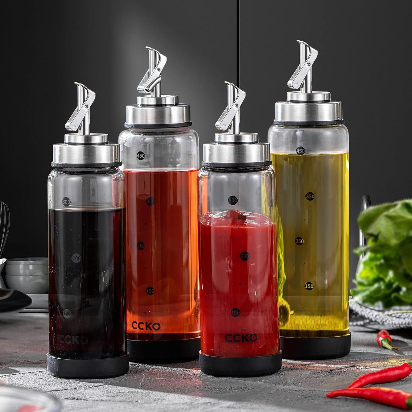 Glass Olive Oil Dispenser Bottle with Stainless Steel Spouts - Shatterproof 350ml Cooking Oil & Vinegar Cruet Bottle - Carafe for Kitchen