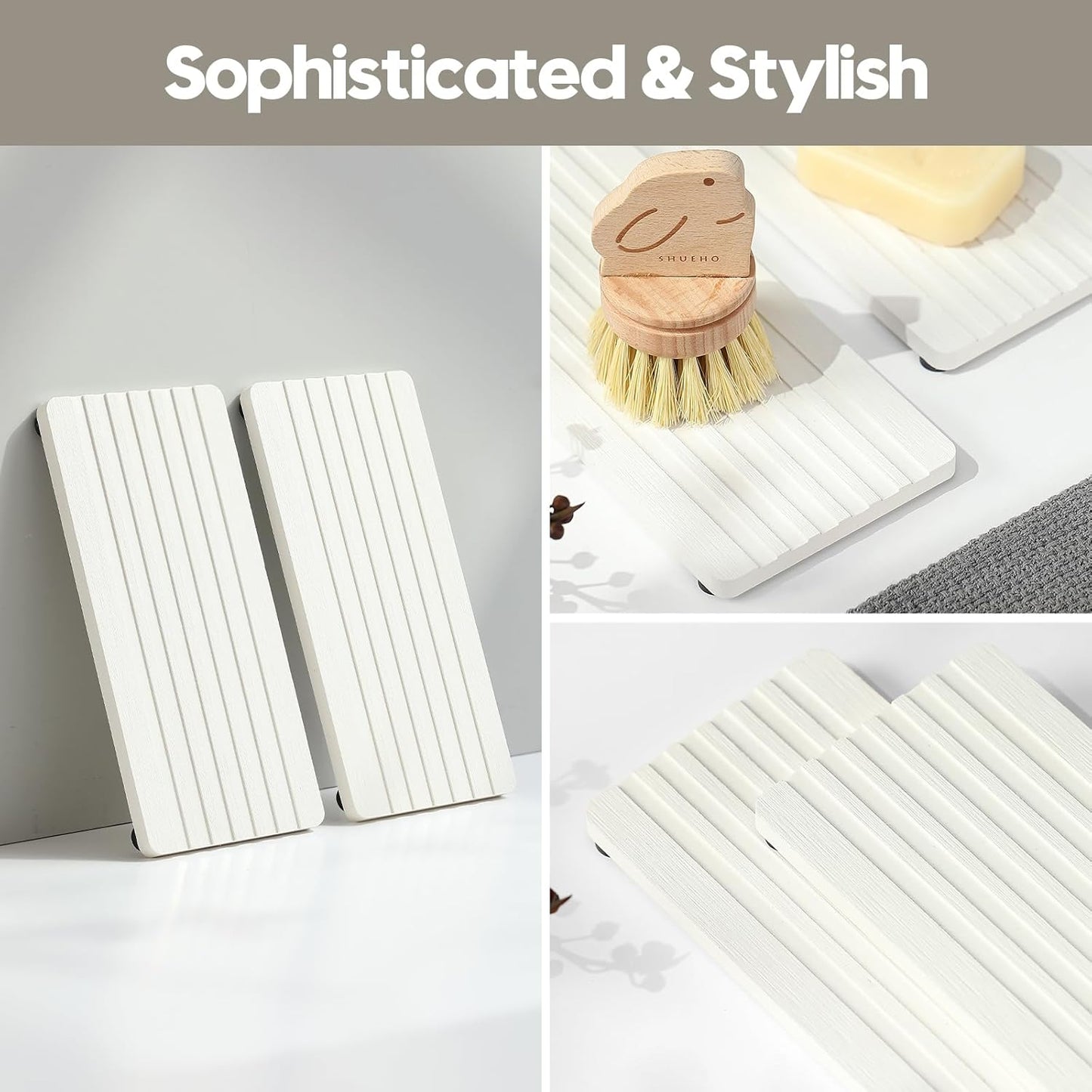 2PCS Diatomite Quick Stone Drying Tray Mat for Bathroom & Kitchen Counter, Instant Dry Water Absorbent Drink Bar Coasters,Vanity Sink Caddy Organizer,Dish Soap Sponge Holder, Ivory,8"x3.8"