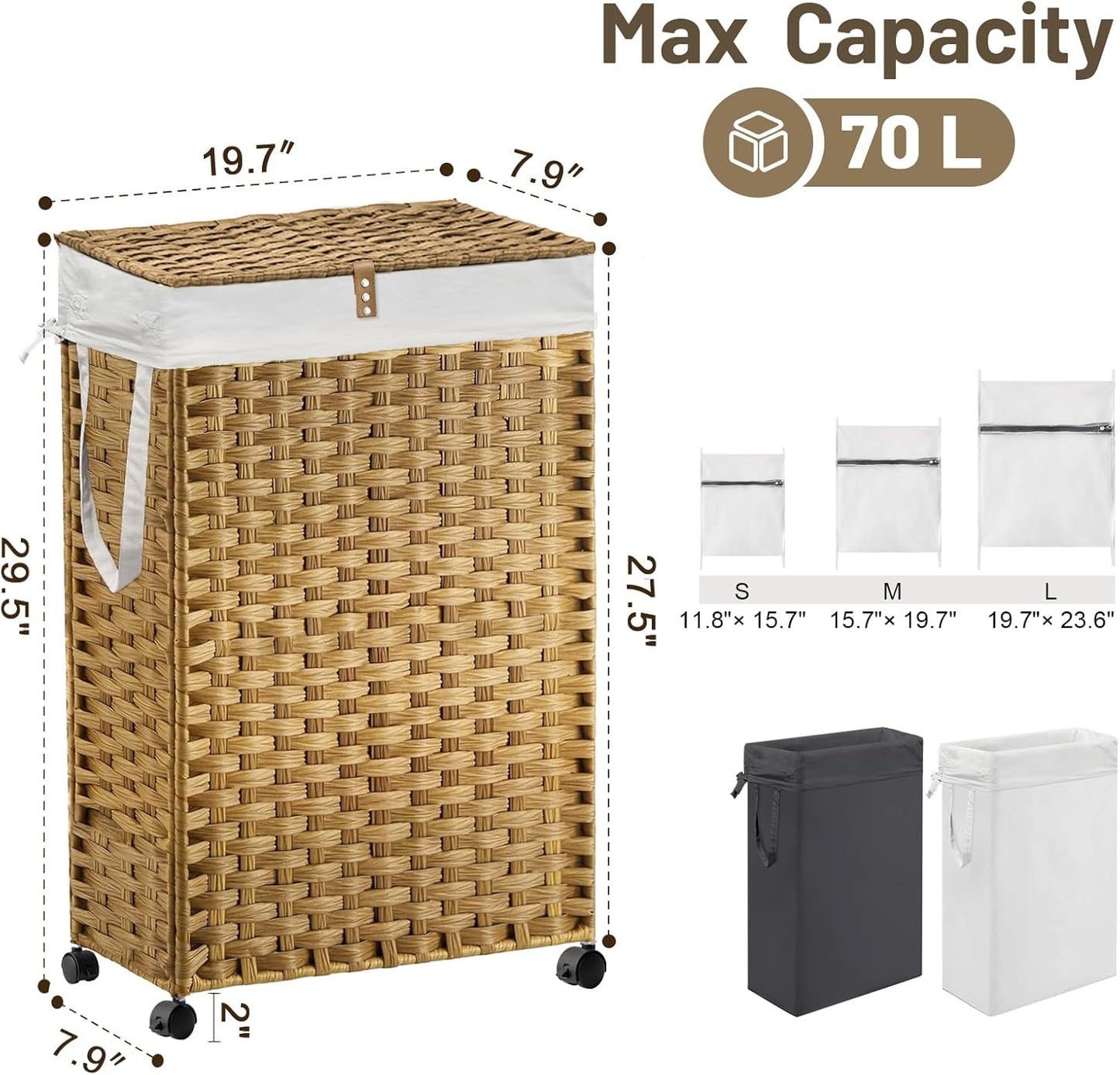 70L Slim Laundry Hamper with Lid & Wheels, Rolling Laundry Basket with 2 Removable Liner Bags & 3 Mesh Bags, Narrow Dirty Clothes Basket, Foldable Handwoven Rattan Laundry Sorter, Natural