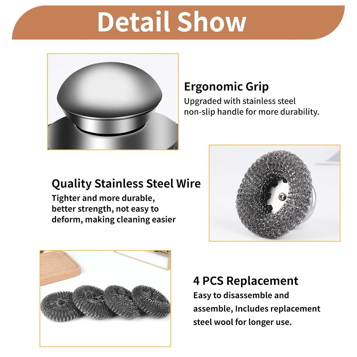 5Pcs Steel Wool Scrubber with Replacement Wire Sponge Pads Set, Stainless Steel Scrubber with Handle for Scouring Stubborn Messes from Cast Iron, Pots, Pans, Grill, Stoves, Sink(1 Scrubber+4 Pads)