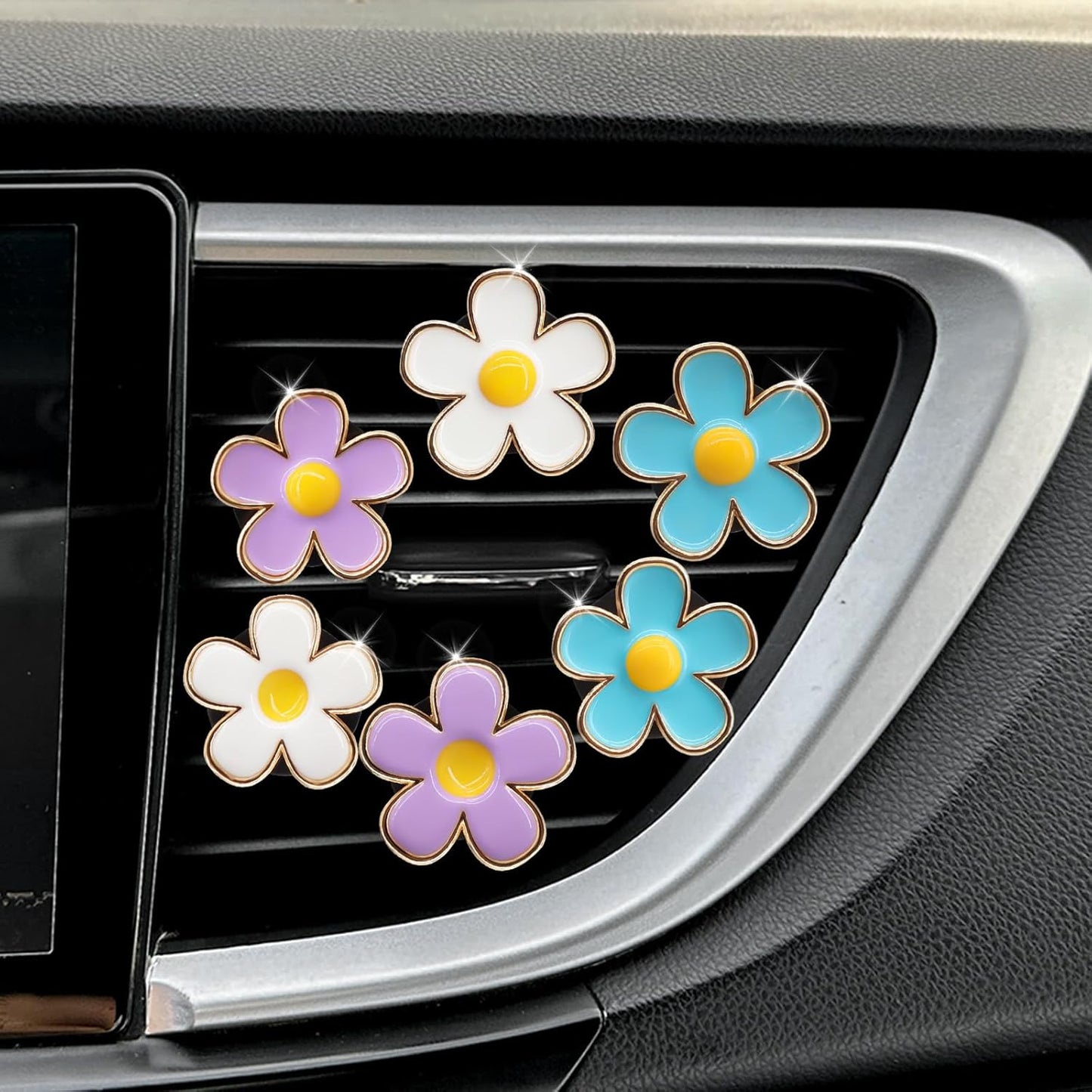 6pcs Flowers Car Decor,Cute Car Air Freshener Vent Clips,Blue White Purple Daisy Flowers Air Vent Clip Accessories for Women,3cm/2.7cm Refillable Daisy Decor Diffuser