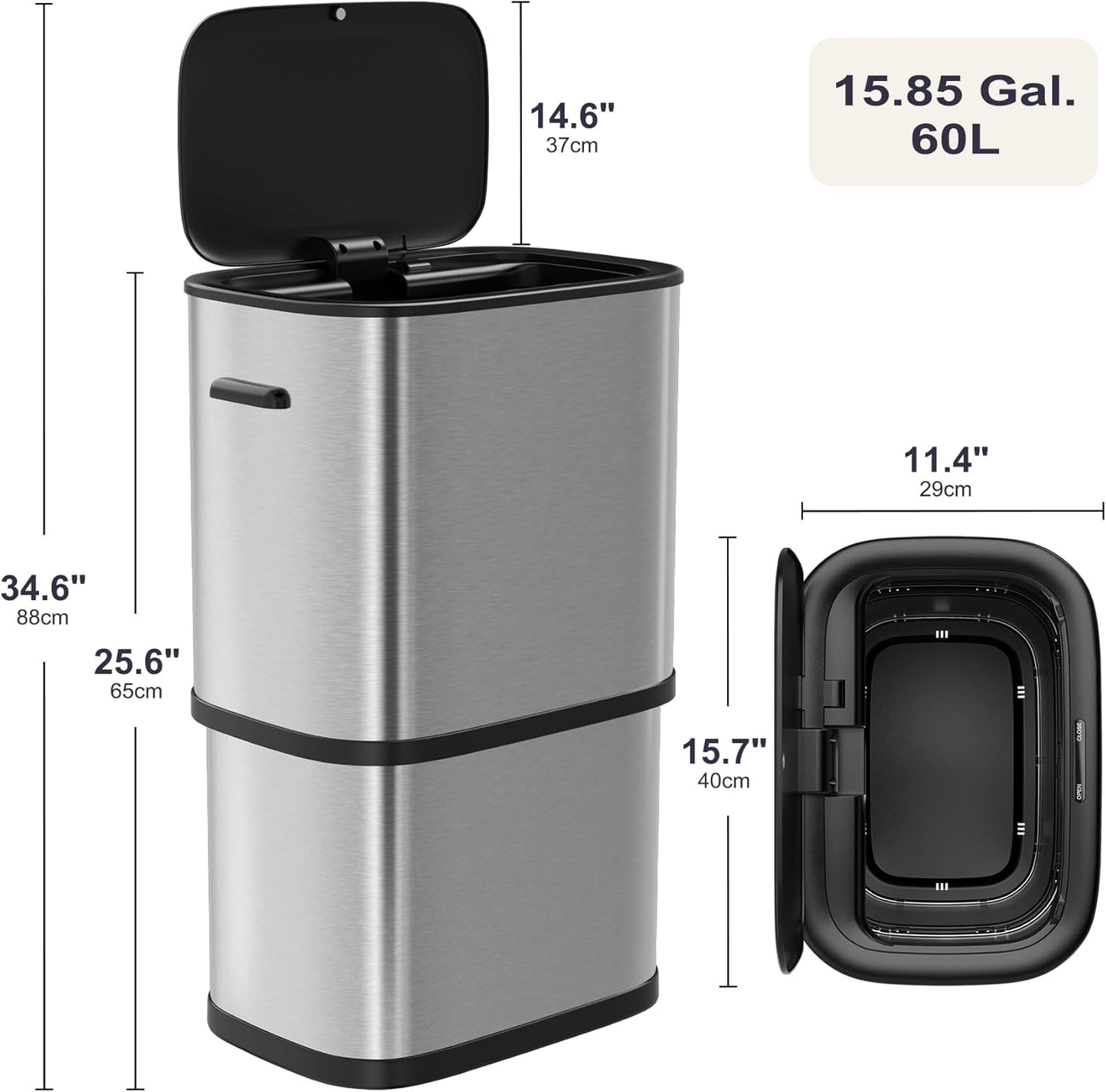 16 Gallon Kitchen Trash Can with Lid, 60L Touchless Motion Sensor Trash Can, Waterproof Brushed Stainless Steel Trash Bin, Automatic Garbage Can for Bedroom, Bathroom, Office, Living Room