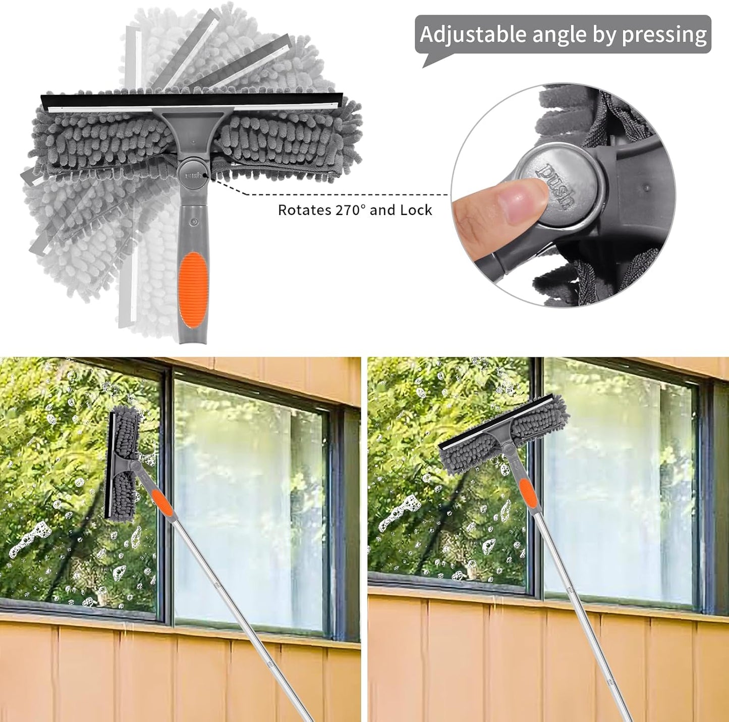 Professional 72'' Window Squeegee Cleaning Washing Tool/Kit with Extension Pole, 3 in 1 Squeegee for Window Cleaning Kit for High Window with 1 Rotatable Head 4 Interchangeable Scrubber