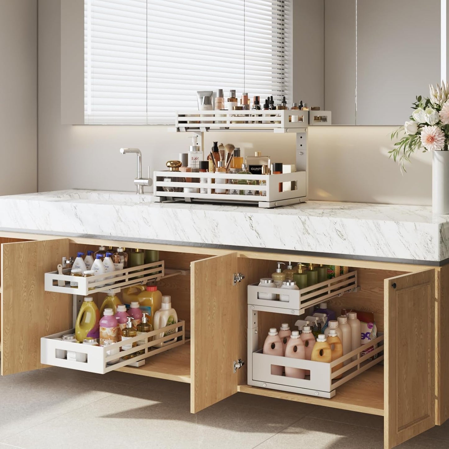 2-Pack 17"Deep Under Sink Organizer And Storage, 2-Tier L-Shaped Pull Out Cabinet Organizer with Upgraded Slide Rails, Height Adjustable Drawers for Kitchen&Bathroom, Extra-Large Storage Shelves–White