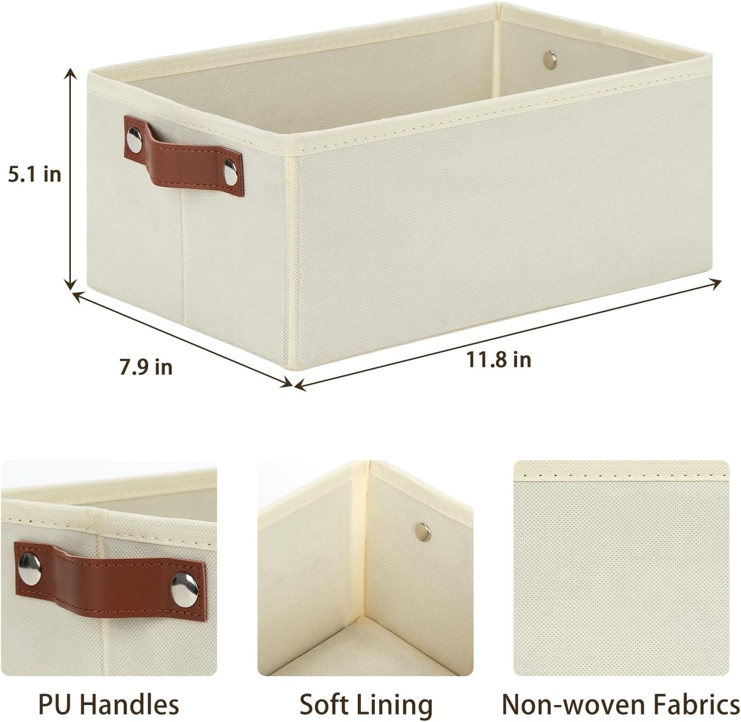 DULLEMELO Fabric Storage Bin with PU Handles, Decorative Basket and Organizer, Collapsible Bin for Toy and Clothes Storage (Light Beige, 11.8L*7.9W*5.1H)