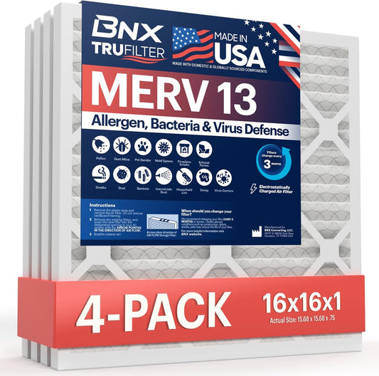 BNX TruFilter 16x16x1 Air Filter MERV 13 (4-Pack) - MADE IN USA - Electrostatic Pleated Air Conditioner HVAC AC Furnace Filters for Allergies, Pollen, Mold, Bacteria, Smoke, Allergen, MPR 1900 FPR 10