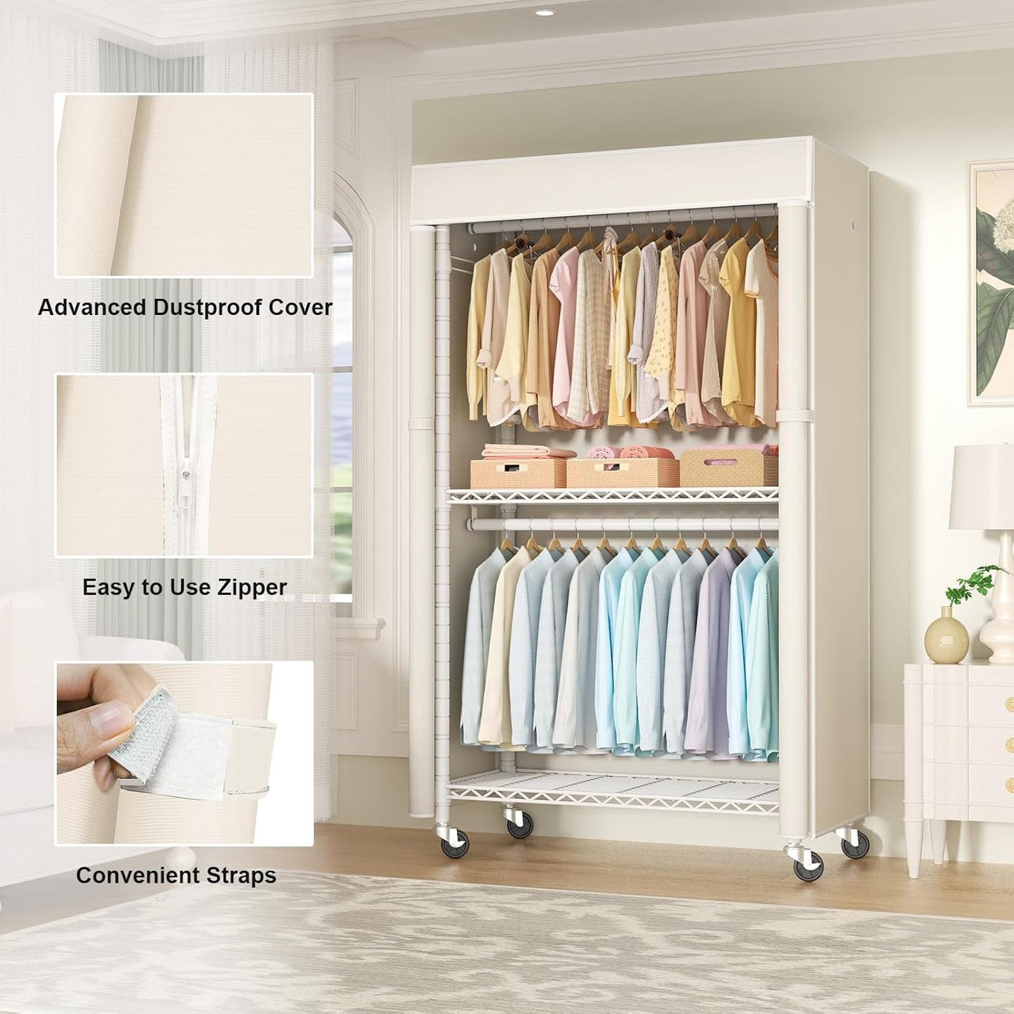 FUTASSI White Clothing Rack with Beige Cover, P1C Rolling Closets with Wheels, Metal Garment Rack for Hanging Clothes, Clothing Storage Wardrobe, 36.2" W x 16.5" D x 80.5" H, Load 450 Pounds