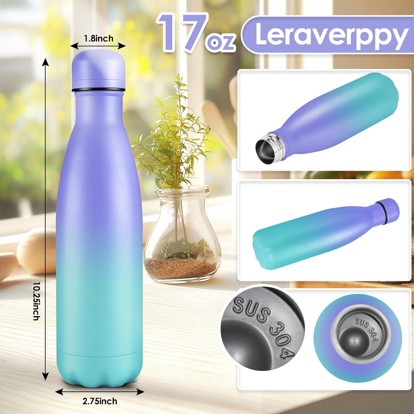 17oz Cola-Bottle Shaped Stainless Steel Leak-proof Water Bottle,Double Wall Vacuum Insulated Metal,Travel Mug For Sports Indoors & Outdoors,BPA-Free Kids Flasks,Purple Blue(1Pack)
