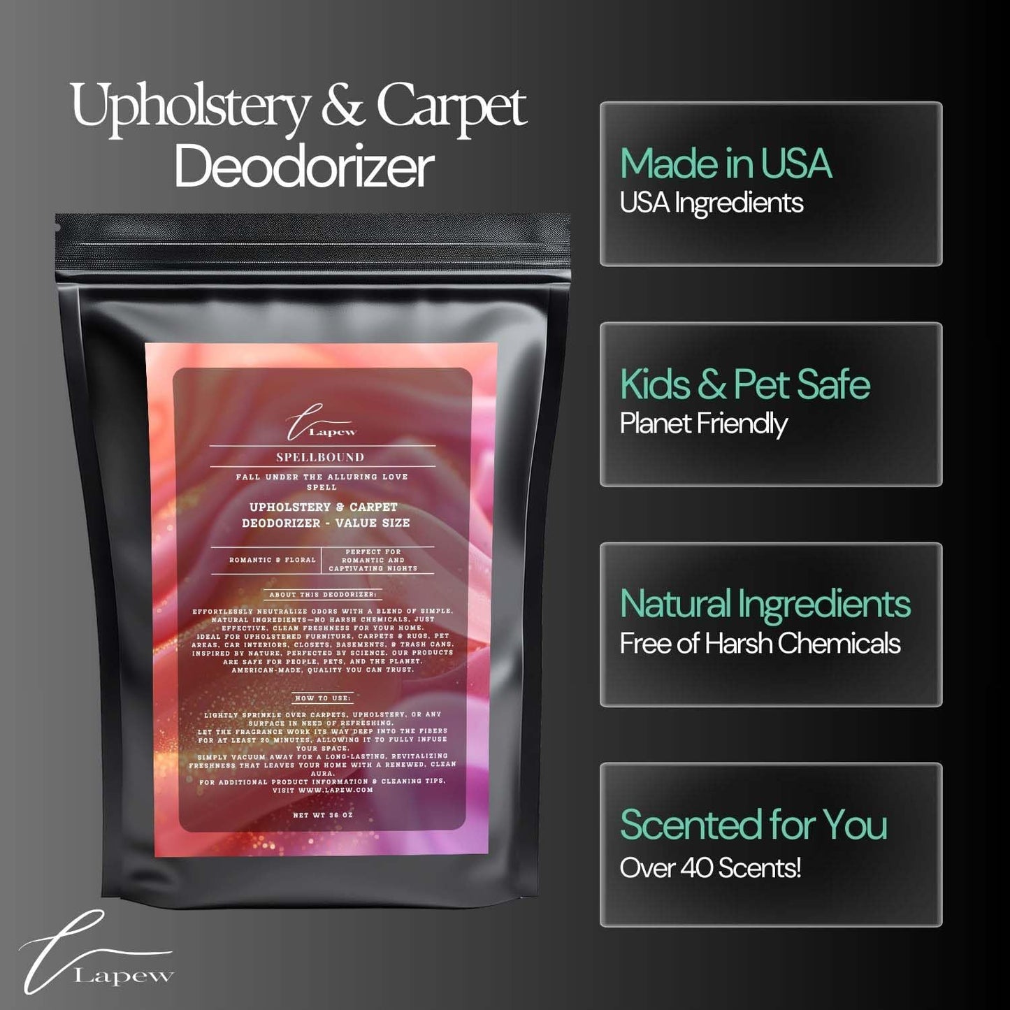 Spellbound Carpet Freshener Powder Refill 36 oz | Powerful Odor Eliminator for Home | Upholstery Deodorizer | Carpet Deodorizer | Pet Urine | Cat Litter Box | Love Spell Fragrance