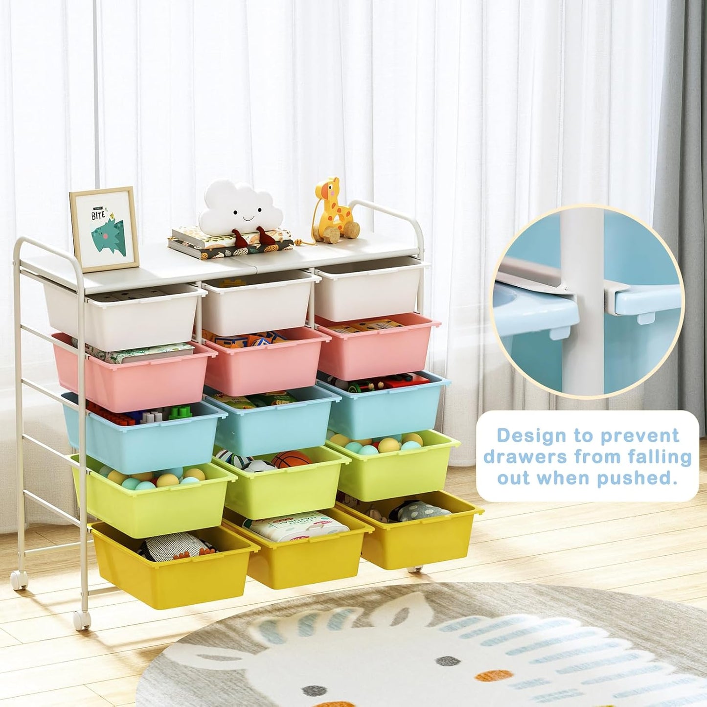 15 Drawers Rolling Cart With Wheels, Plastic Storage Drawer With Metal Frame, Multipurpose Art Craft Organizer, Utility Cart for Home, Office, School, Multicolor