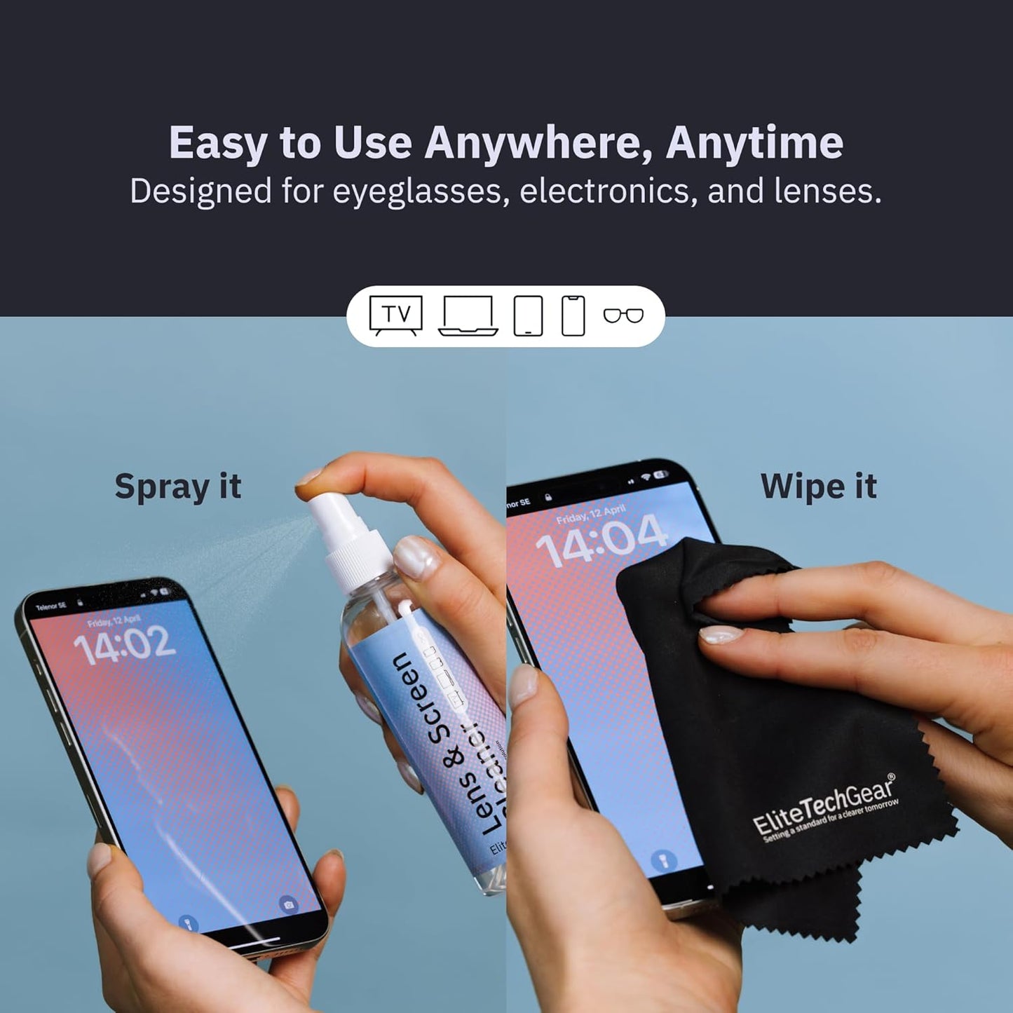 Elite Tech Gear Optical, Screen & Lens Care Kit - 3pc Spray (2x4oz+1oz) with 2 Microfiber Cloths - Alcohol-Free Eyewear Solution - 5pc Glasses Cleaner