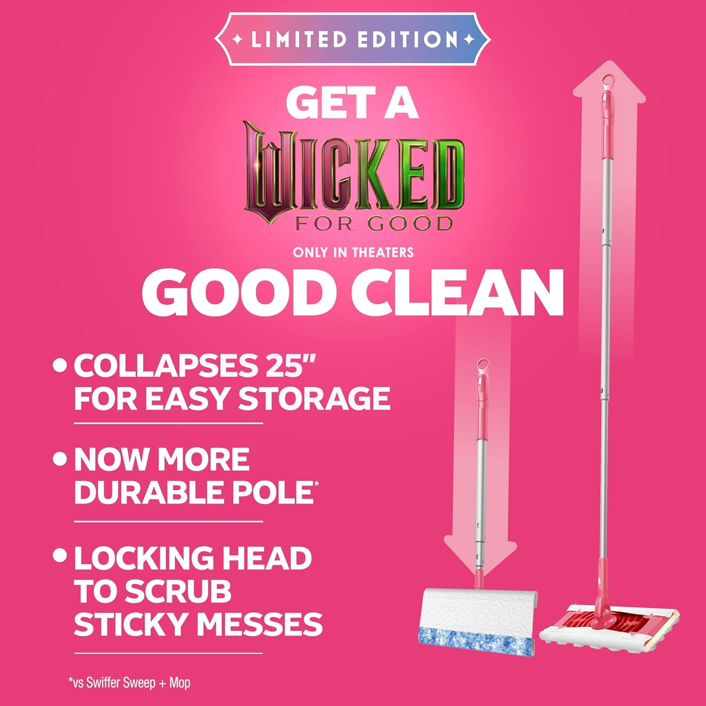 Swiffer Sweep and Mop Deluxe, Limited Edition Pink Wicked: for Good, 2-in-1 Floor Mopping and Sweeping Kit, 1 Sweeper Device, 5 Heavy Duty Dry Sweeping Cloths, 3 Heavy Duty Wet Mopping Cloths