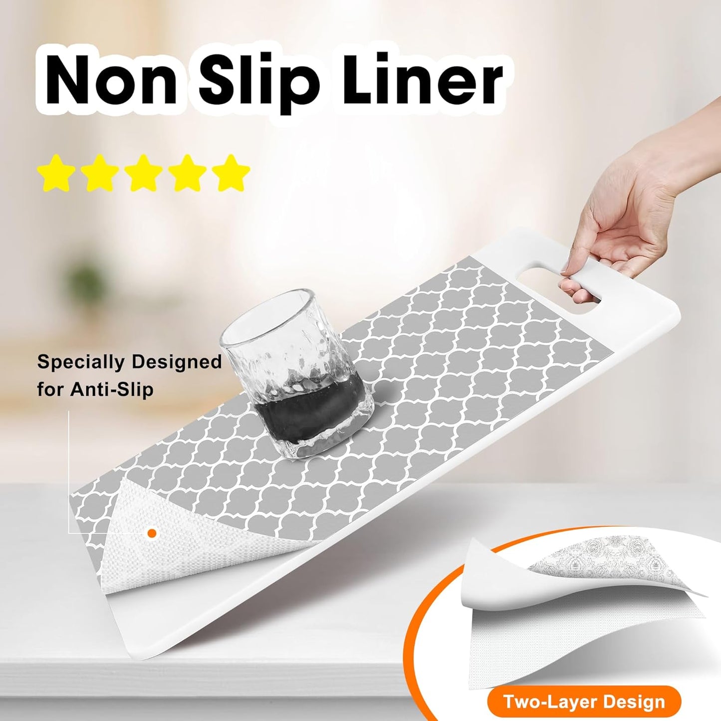 Drawer and Shelf Liner for Kitchen Cabinets Non-Adhesive, Non-Slip Cabinet Liner Shelf Paper Strong Grip Waterproof Easy to Clean for Kitchen Shelves Cupboard, Gray Lantern,17.5IN X 10FT