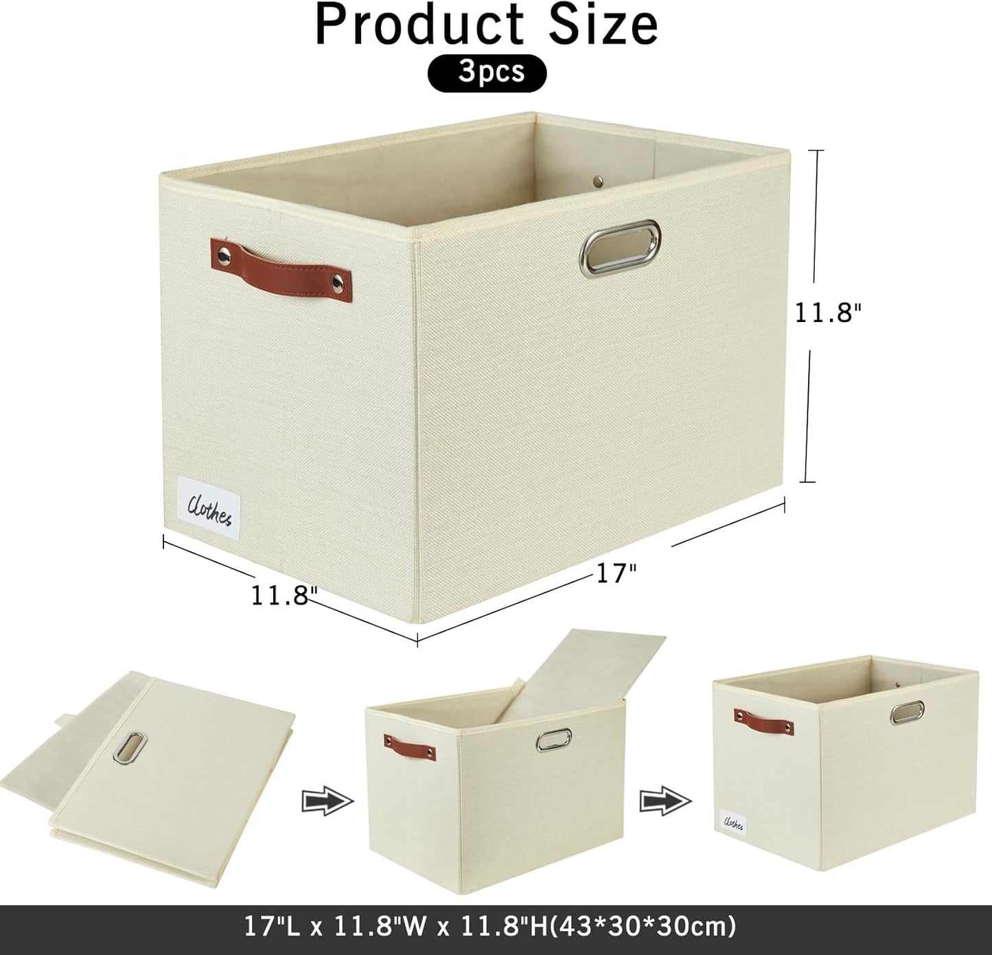 3-Pack Foldable Fabric Storage Bins with Durable PU & Metal Handles, Collapsible Storage Baskets for Shelves, Home Storage, Closet Organizers, Living Room(17"x11.8"x11.8", Beige)