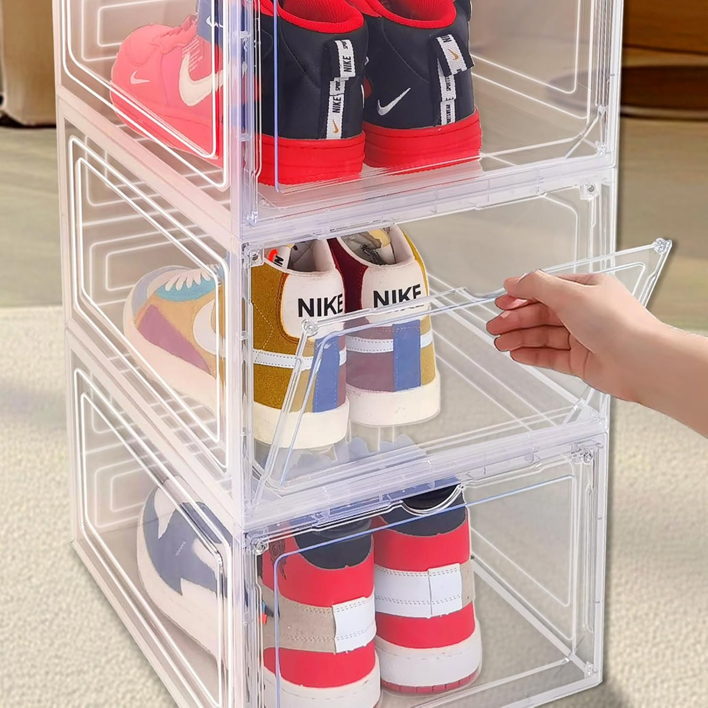 10 Pack Shoe Storage Box Clear Hard Plastic Shoe Organizer Stackable Hats Sneaker Display Case with Lids for Size 13, Black