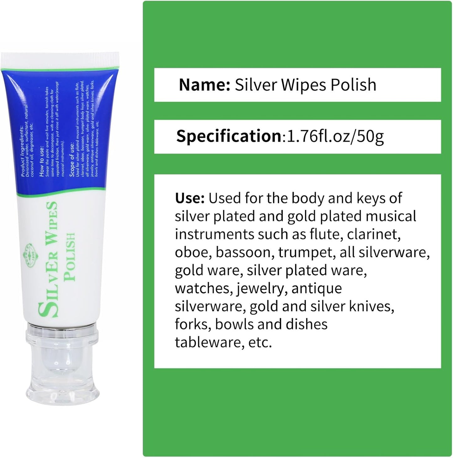 Silver Wipe Polish Cleaner Removes Surface Oxidation Tarnish from Sterling Silver, Silver and Gold Jewellery and the Keys of Instruments for Flutes, Clarinets, Oboes, Bassoons, Trumpets,Silverware