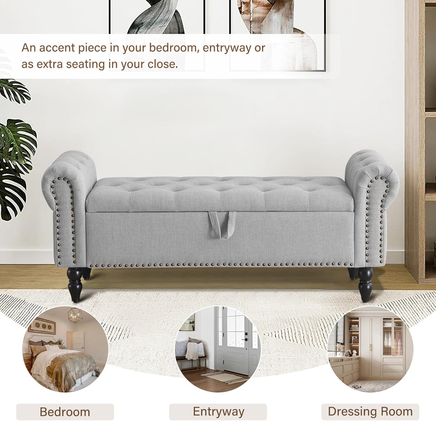 Furnimart Storage Ottoman Bench for Queen Size Bed, Faux Linen Upholstered Storage Bench Accent Bench with Rolled Arms for Bedroom,Living Room, Entryway, 2.5Cubic Feet