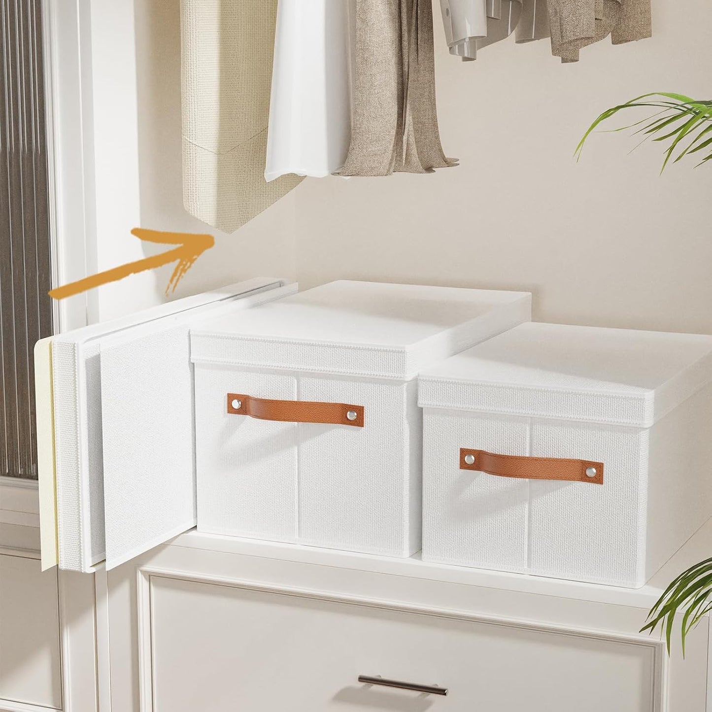 Fabric Storage Bins, Clothes Boxes for Shelves with Lids, Baskets for Organizing with Handles, Decorative Linen Closet Organizers, White, 3 Pack, 15 x 9.8 x 8.3 Inch