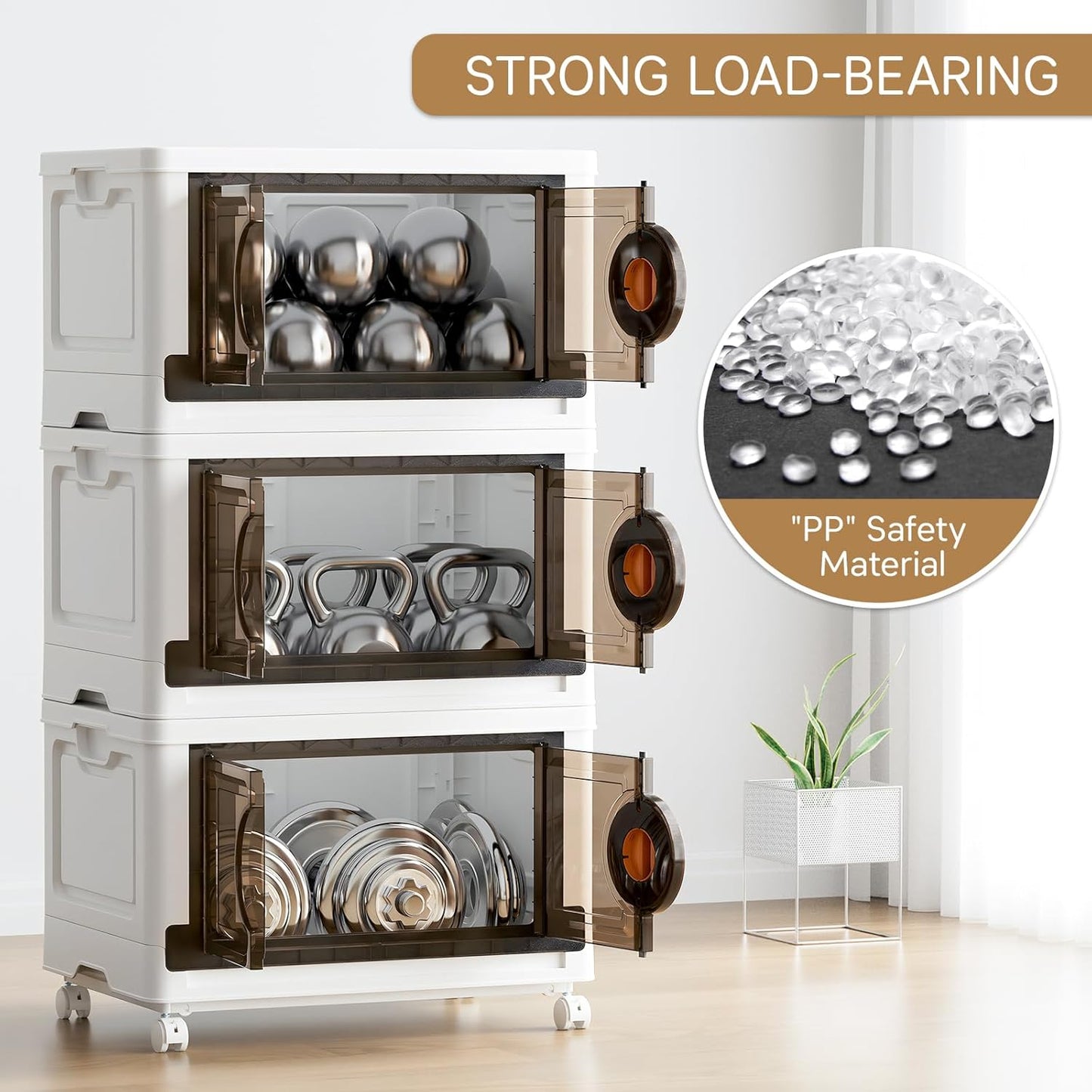 JEKO&JEKO 332Qt Lockable Stackable Storage Bins with Lids, Collapsible Closet Organizer with Wheels, Plastic Cabinet Drawer for Clothes, Dorm Room 4 Pack (White)