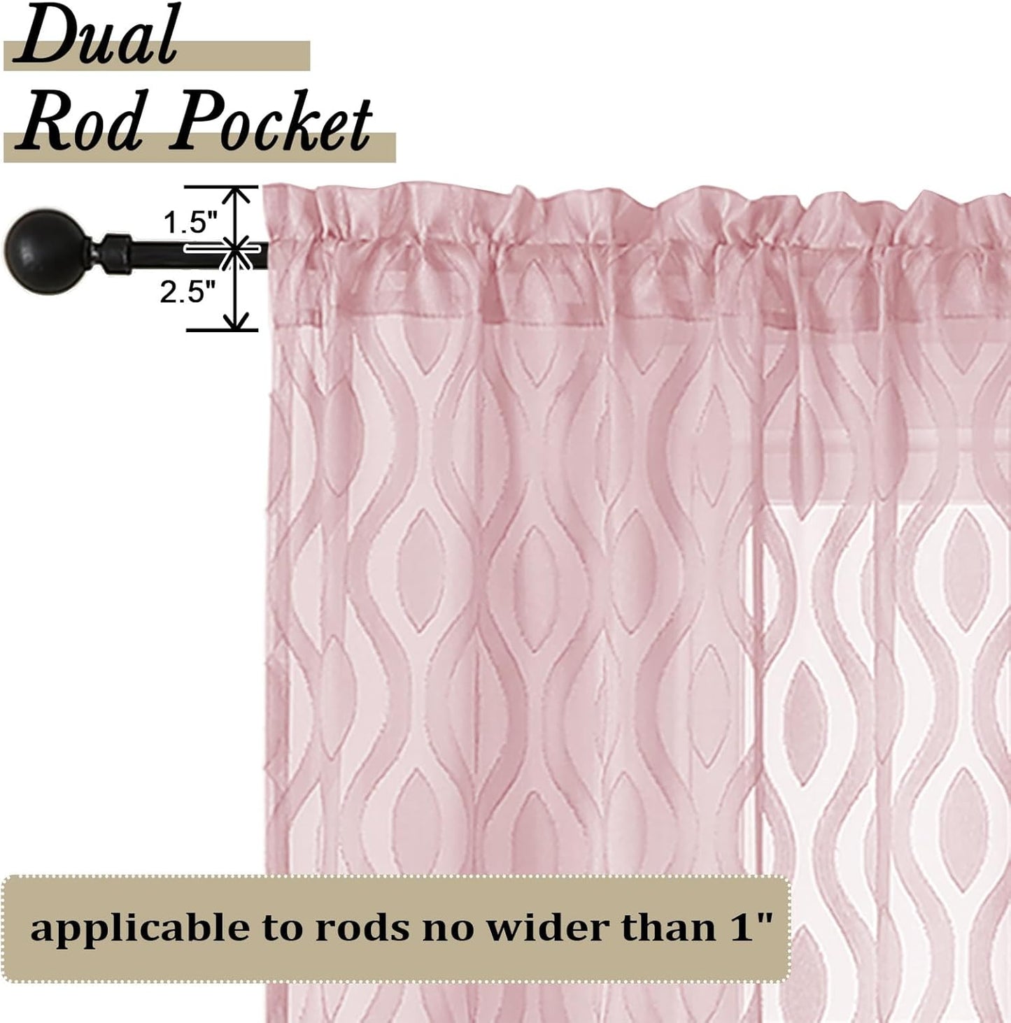 Aiyufeng Blush Pink Sheer Curtains 84 Inches Long 2 Panels Set, Soft Airy Lightweight Transparent Wavy Line Jacquard Farmhouse Curtians for Bedroom Living Room, Dual Rod Pocket, Total 80 inches Width