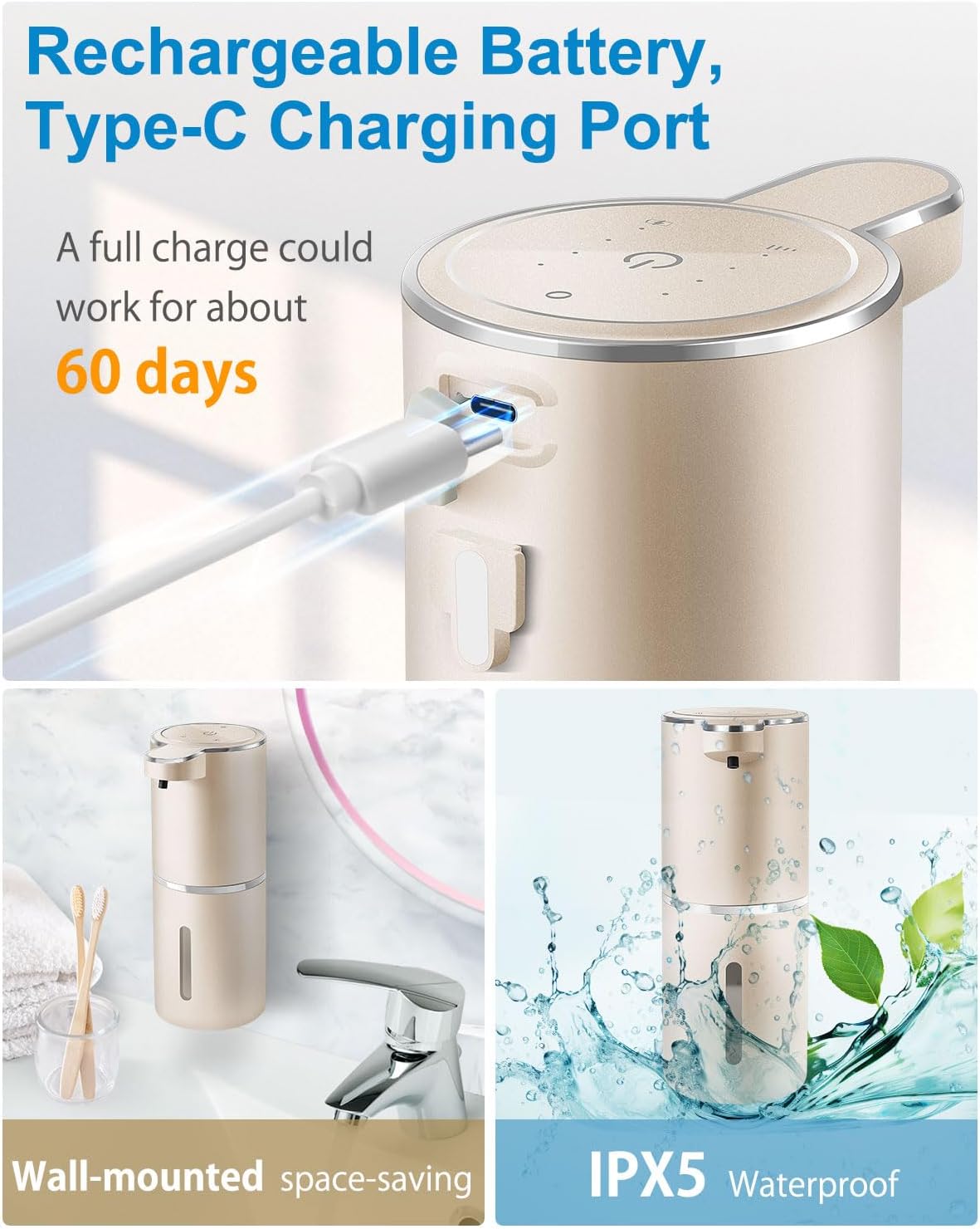 Automatic Foaming Soap Dispenser,4-Level Adjustable Foam, Wall Mount,USB Rechargeable,12.8oz/ 380ml,Touchless Hand & Dish Soap Dispenser for Bathroom, Kitchen,Hotel, Restaurant