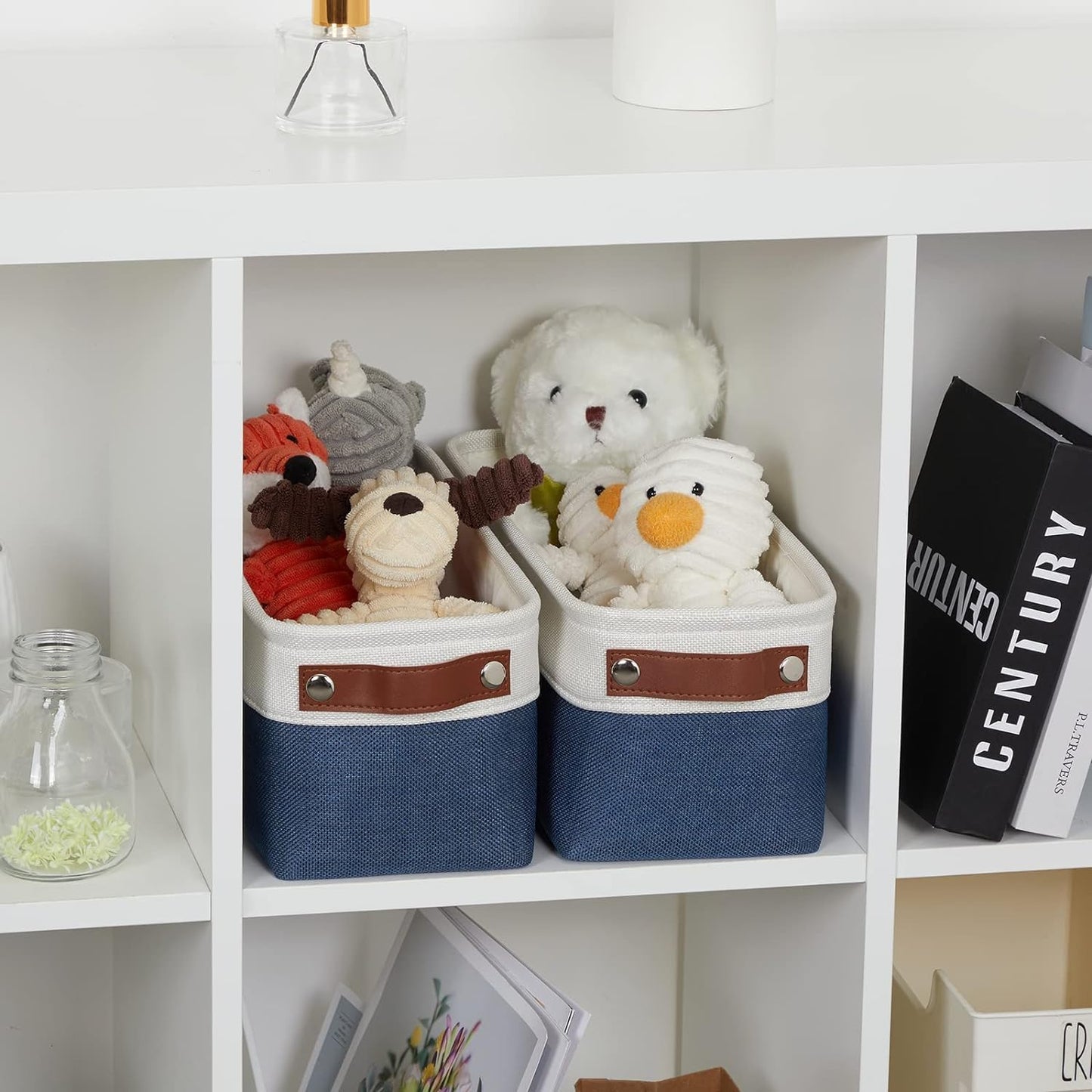 DULLEMELO Narrow Storage Basket,Toilet Paper Basket with Leather Handles for Back of Toilet, Vanities, Shelves & Cabinets (White&Blue-1 Pack)