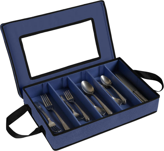 Flatware Storage Case - Durable 5 Compartment Silverware Storage Container Box with Removable Lid and Easy to Carry Handles - Large Capacity Keeps Your Cutlery Organized & Protected - Blue