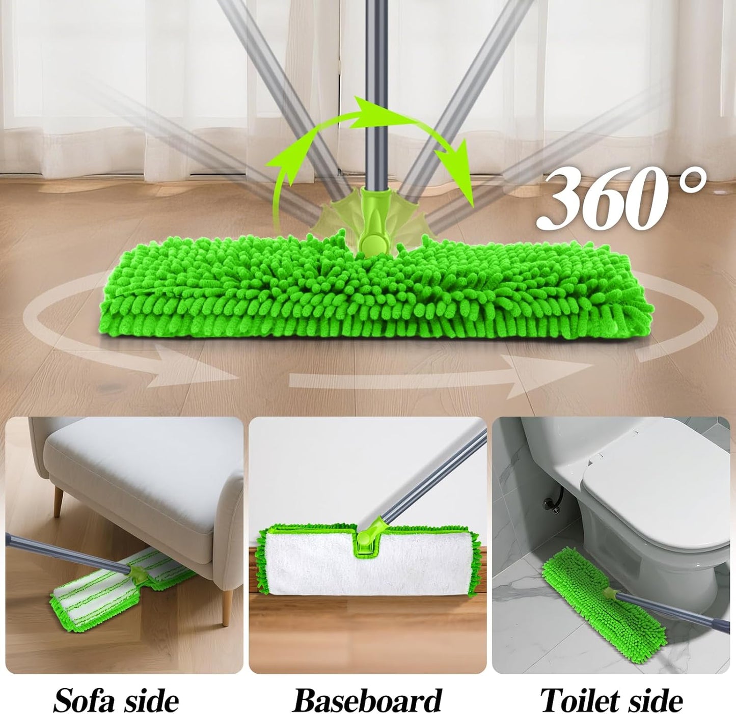 MASTERTOP Microfiber Mops for Floor Cleaning, Double-Sided Dust Mop with 4 Reusable & Washable Mop Pads, Wet Dry Flat Mop with Extension Stainless Steel Handle for Hardwood, Vinyl, Laminate