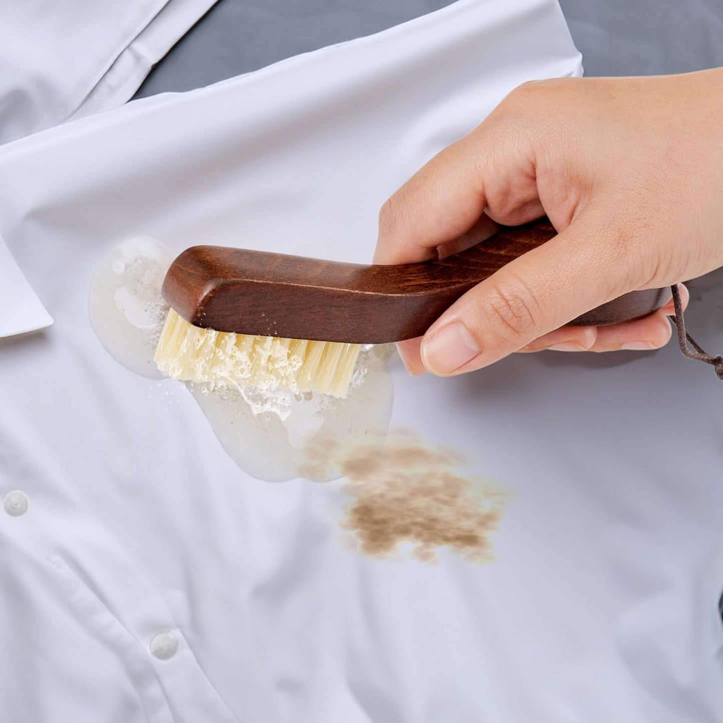 TAKAVU Laundry Stain Brush Set of 2 – Clothes Cleaning Brushes with Natural Boar Bristles & Wooden Handle – Fabric Care Scrubbing Brush for Stain Removal, Shoes, Upholstery & Garment Care