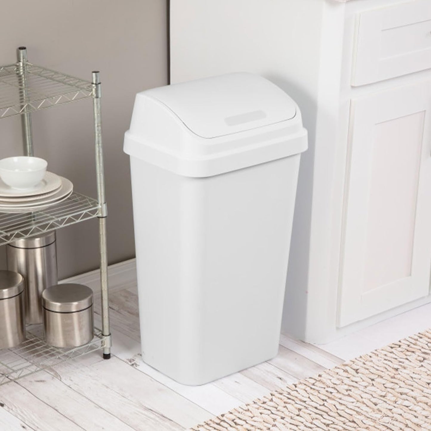 Sterilite 4-Pack Swing Top Wastebasket, Sleek Square Profile Trash Can, 13 Gallon, White - Modern Garbage Bin for Kitchen, Bathroom, Garage and Workspace, Fits 13 Gal Liners