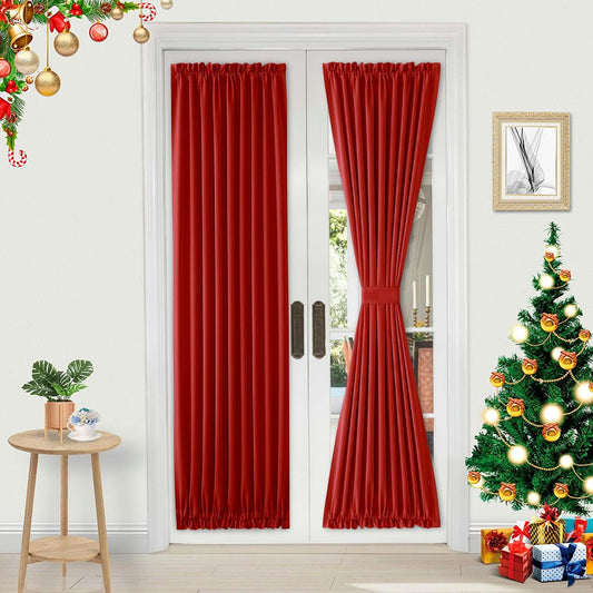 DWCN French Door Curtain - Rod Pocket Thermal Blackout Panel for Glass Window, Christmas, Kitchen and Patio - Privacy, 36 X 72 Inches Long, 1 Panel With Tieback, Red