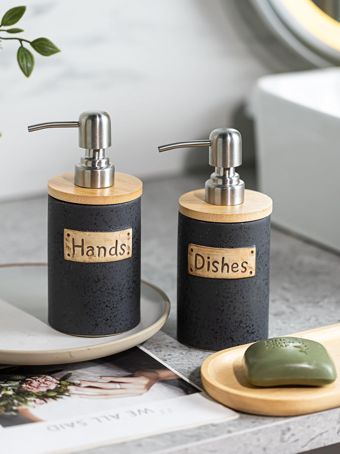 Kitchen Soap Dispenser Set, Ceramic Hand and Dish Soap Dispenser for Bathroom, Includes Instant Dry Tray, Collapsible Funnel, 15 Oz, Black