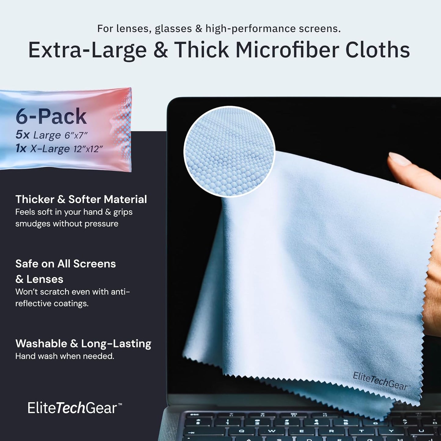 Elite Screens Microfiber Cleaning Cloths 6-Pack - 6×7 in & 12×12 in, Light Blue - Screen & Lens Cleaning Cloths for Eyeglasses & Electronics