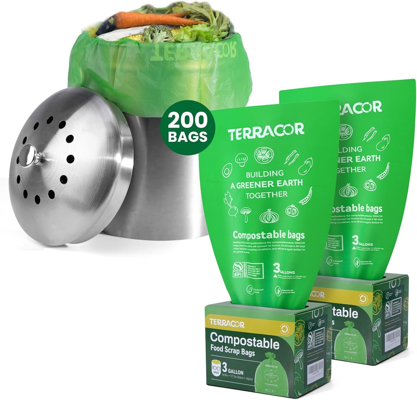 3 Gallon Compostable Trash Bags, Compost Bags for Countertop Bin, 200 Count (Pack of 2) BPI Certified and Meet The ASTM D6400 Standard