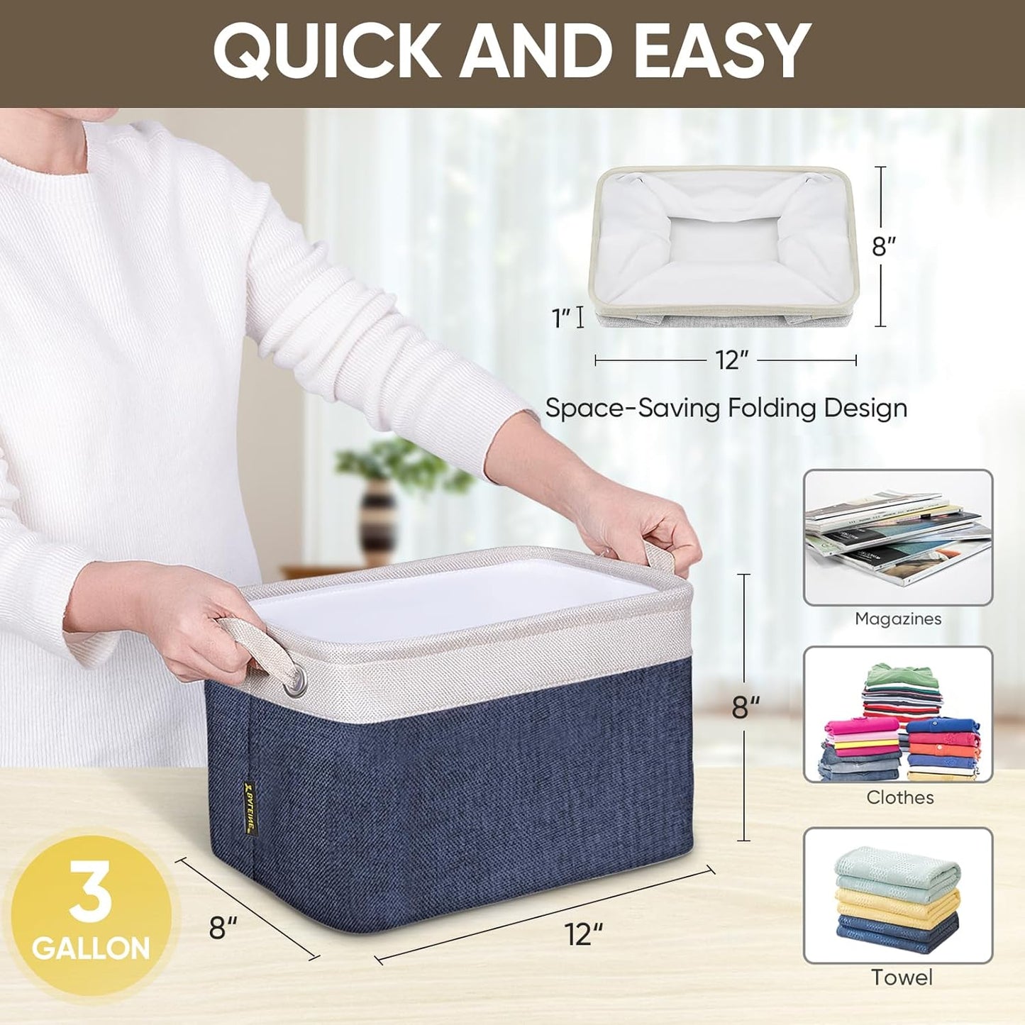 BALEINE 2 Pack Fabric Storage Bins for Shelves, Linen Storage Baskets for Organizing, Decorative Closet Bins for Clothes, Home (Navy Blue, 12"x8"x8")