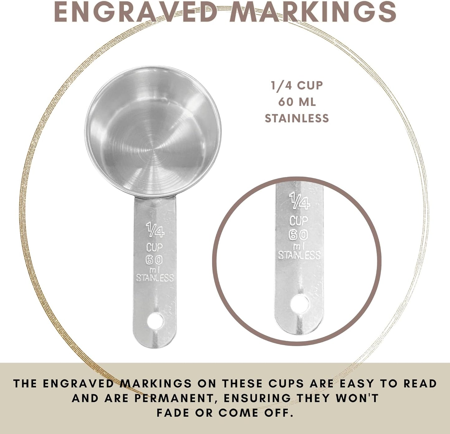 1/4 Cup Stainless Steel Measuring Cup | Sturdy Metal 60 ml | 60 cc | 2 oz | Single Cup for Wet and Dry Ingredients | Great for use as 1/4 Cup Dog Food Scoop - 1 PK