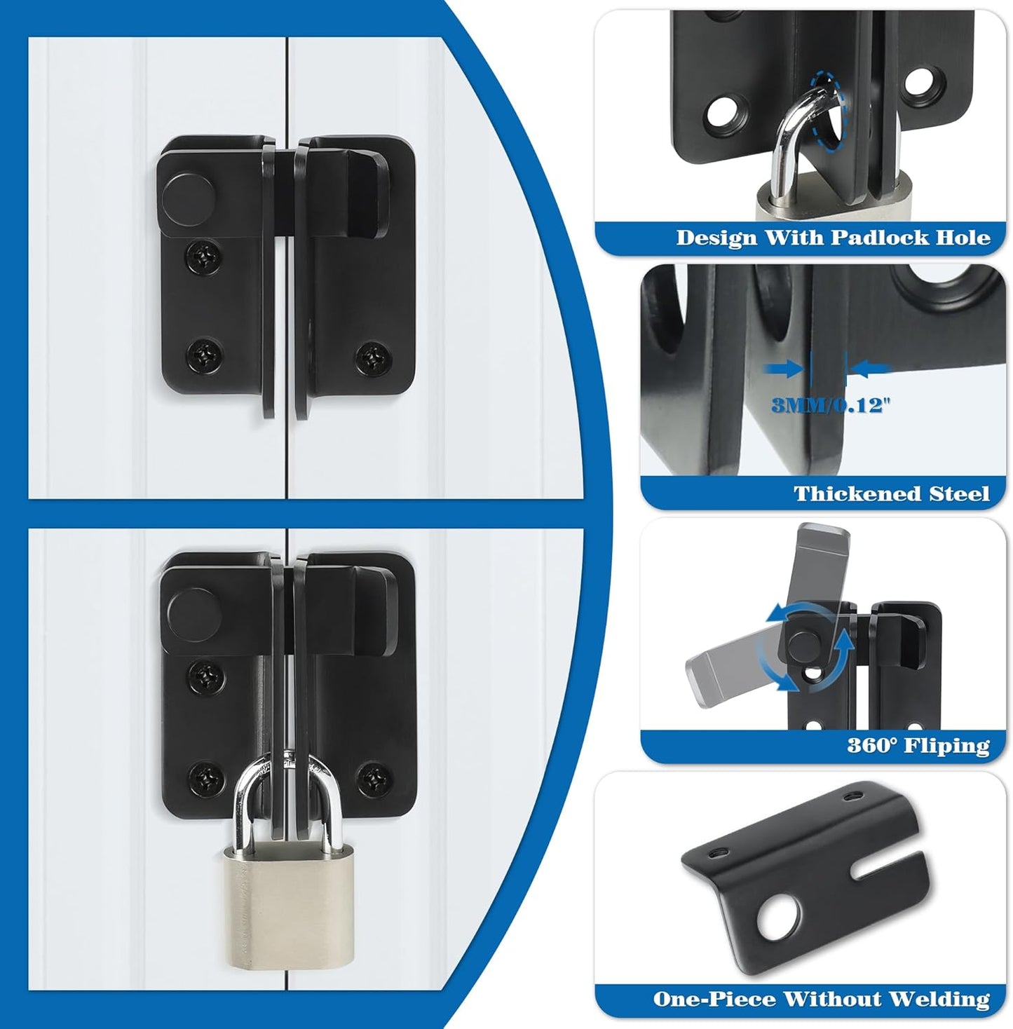 Alise Flip Latch,Gate Latches Slide Bolt Latch Safety Door Lock Catch for Barn Cabinet Pet Cage Wood Fence Bathroom Garage Window,SUS304 Stainless Steel Gate Hardware Locks,Matte Black,MS5009-B