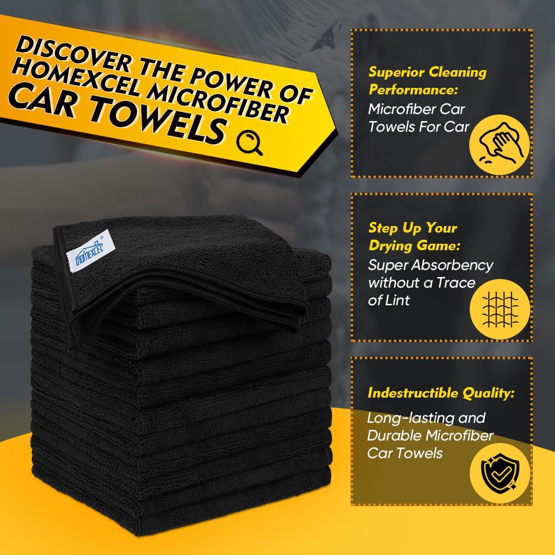 HOMEXCEL Black Microfiber Cleaning Cloth 50 Pack, 12.5 x 12.5 inch Microfiber Towels for Cars, Ultra Absorbent Car Washing Cloth, Lint Free Streak Free Cleaning Rags for Car, Kitchen, and Window