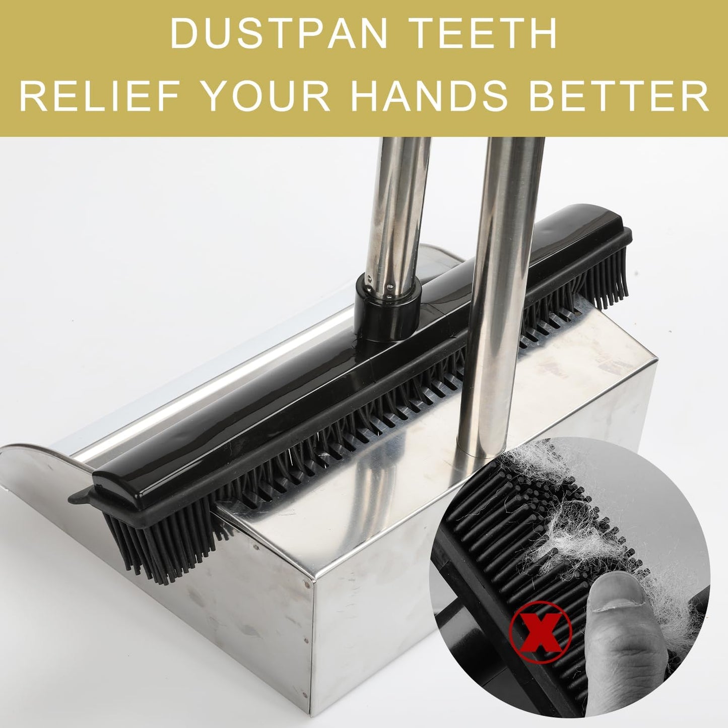 Rubber Broom and Dustpan Set,Pet Hair Removal Rubber Broom with Squeegee and Stainless Steel Dust Pan,Carpet Rake Push Broom and Dustpan for Fluff Hardwood Floor Tile (Black)