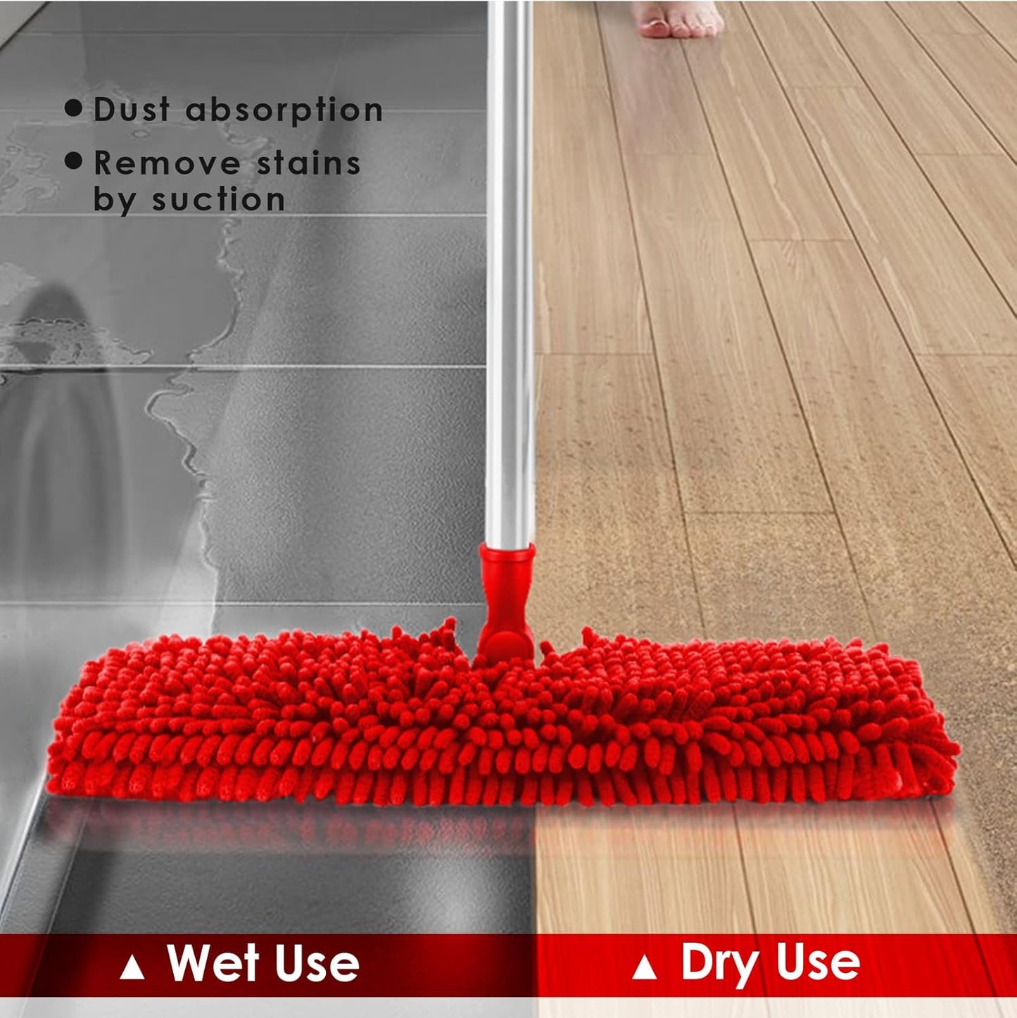 MASTERTOP Microfiber Mop for Floor Cleaning, Hardwood Dust Mop, Wet Mopping with 4 Washable Replacement Mop Pads, Floor Mops for Cleaning with 1 Scraper- White & Red