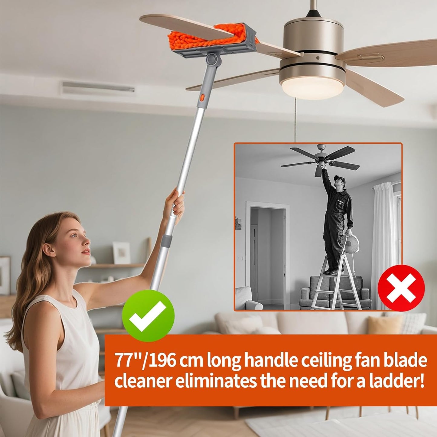 Ceiling Fan Cleaner Duster with 72‘’ Extendable Long Handle Cleaning Duster Kit, Reusable Chenille & Microfiber Mop Head for High Ceiling Fan Blade Wall Blinds Cobweb