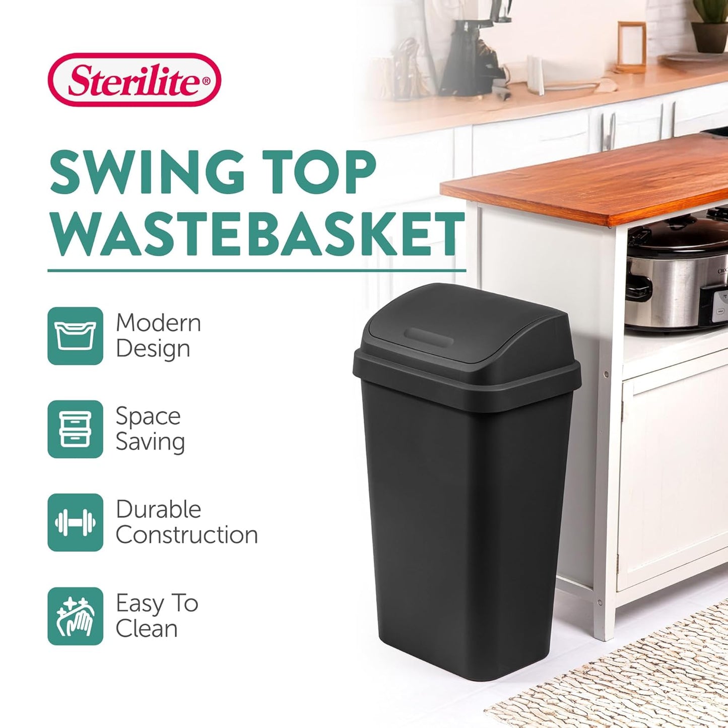 Sterilite 8-Pack Swing Top Wastebasket, Sleek Square Profile Trash Can, 13 Gallon, Black - Modern Garbage Bin for Kitchen, Bathroom, Garage and Workspace, Fits 13 Gal Liners