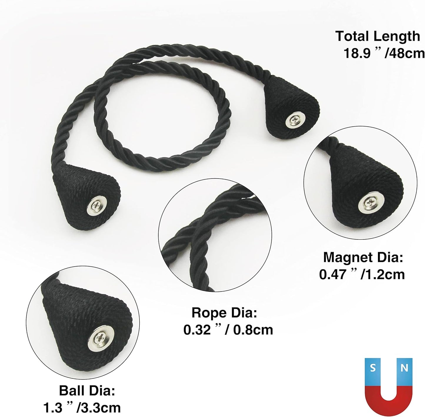 4 Pack Magnetic Curtain Tiebacks Rope Modern Handmade Curtain Tie Backs Decorative Drapes Weave Holdbacks for Window Décor, Black