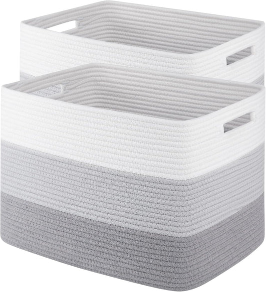 Storage Baskets for Organizing, 2 Pack Woven Basket for Storage, Rectangle Baskets for Shelves Closet Organizers, Toy Basket for Nursery Storage Living Room, Laundry Room, Bedroom (Gradient Grey)