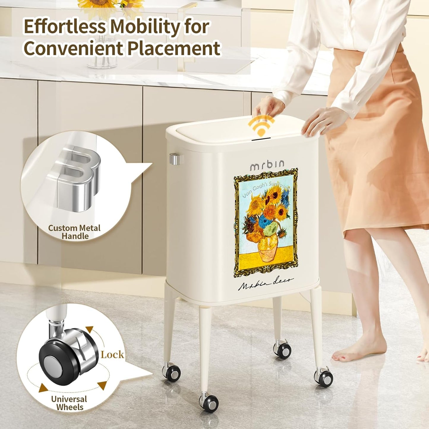 MRBIN Metal Motion Sensor Kitchen Trash Can with Wheel Legs, 36L / 9.5gal Medium Press Lid Slim Waste Basket, Pet Proof Tall Narrow Garbage Pail for Vanity, Bedroom, Bathroom, Living Room, Sunflower