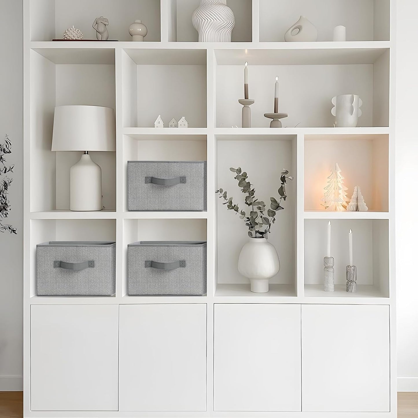 Storage Baskets, 11-Inch Woven Fabric Bins, Storage Cubes with Reinforced Handles, Organizer Bins for Closet Shelves, Foldable, for Toys, Clothes, Natural Beige (4PCS/Grey-11*11*7.8inch)